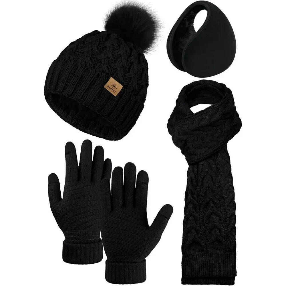 Winter Warm Knitted 4-in-1 Set Hat Scarf Gloves Ear Warmer Men Women